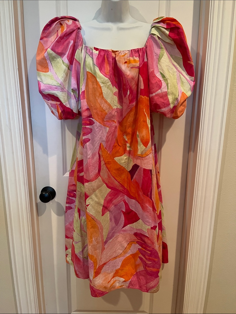 H&M PUFF SLEEVE BOLD LEAF PRINT PINK YELLOW DRESS SZ MEDIUM
